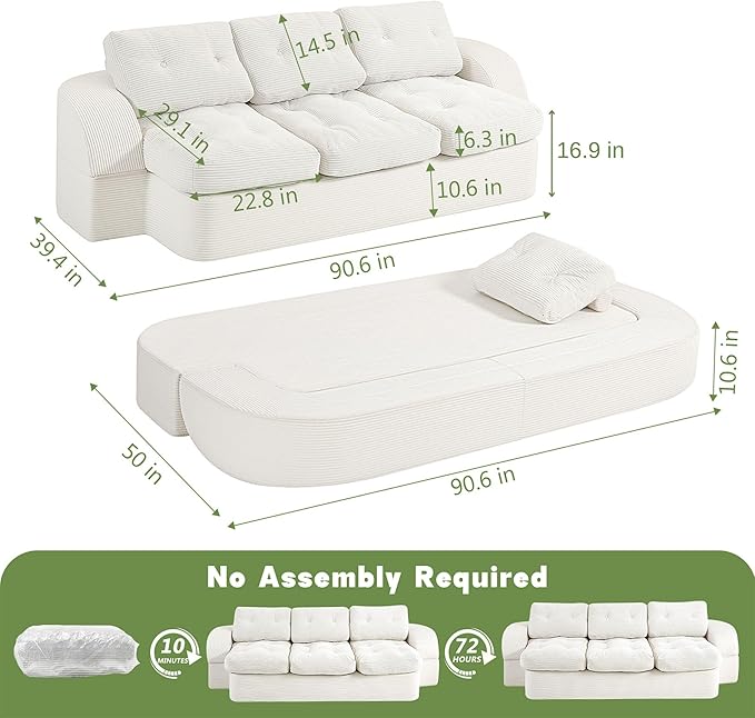 MeMoreCool Cloud Couch Boneless 3-Seater Sofa Bed – Beige Corduroy Convertible Floor Couch with Tufted Cushion, No Assembly Foldable Sleeper for Living Room, Apartment and Small Spaces