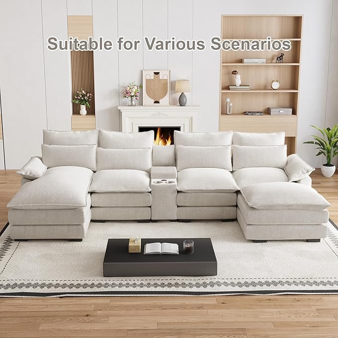135" U Shaped Cloud Couch Sectional Modular Sectional Couches for Living Room Oversized Comfy Chenille Sofa Cloud Couch Set with Storage Central Console, USB Ports, Chaise Lounge, Ottoman, Cream White