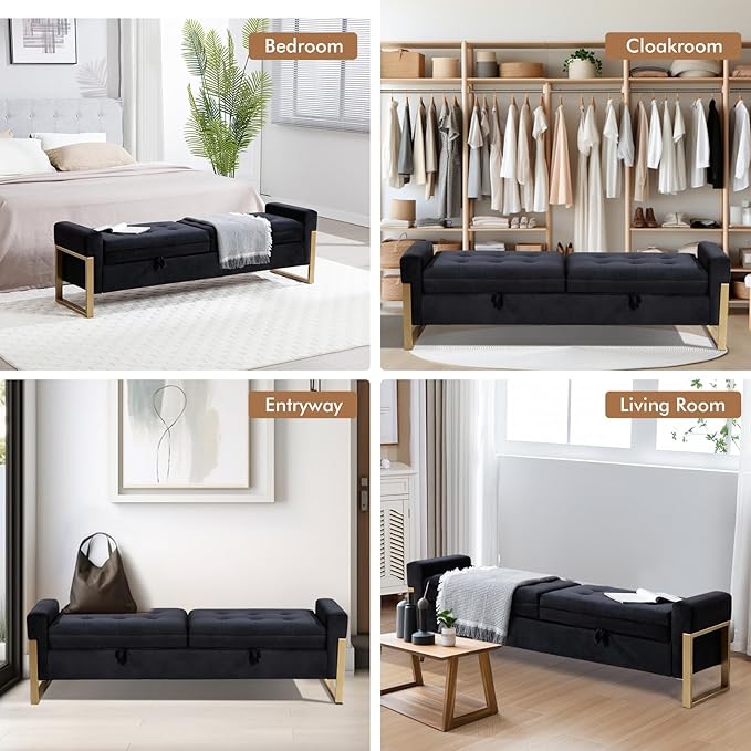 67" End of Bed Storage Bench for Bedroom King Size, Double Lids Storage Ottoman Bench with Golden Legs, Velvet Bed Bench for Living Room Window Entryway, Black