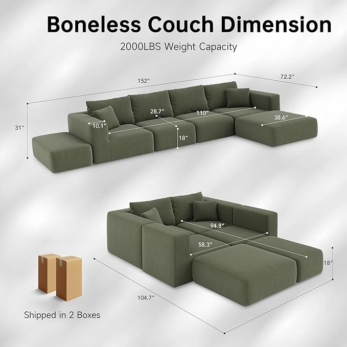 CUGOAO 152'' Modern Boneless Couch, Oversized 2-in-1 Modular Sectional Sofa Bed, Extra Deep Seat Upholstery Cloud Couch, Boneless Couches for Living Room, No Assembly Required, Green Corduroy