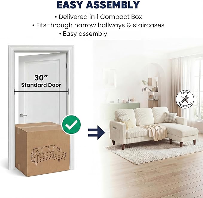 YESHOMY L-Shaped Sofa Couch, Small Couch with Reversible Chaise and Ottoman, Convertible Sectional Comfy 3 Seat Sofas with Side Pockets for Apartment and Living Room (Cream)