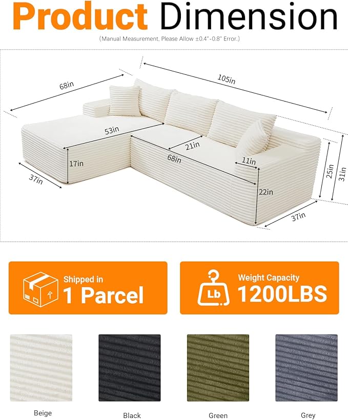 Cloud Sectional Couch,108" Modern Modular Sectional Sofa with Deep Seat,Corduroy Boneless Couches with L-Shape Chaise for Living Room,No Assembly Required (Beige, Left Facing Chaise)