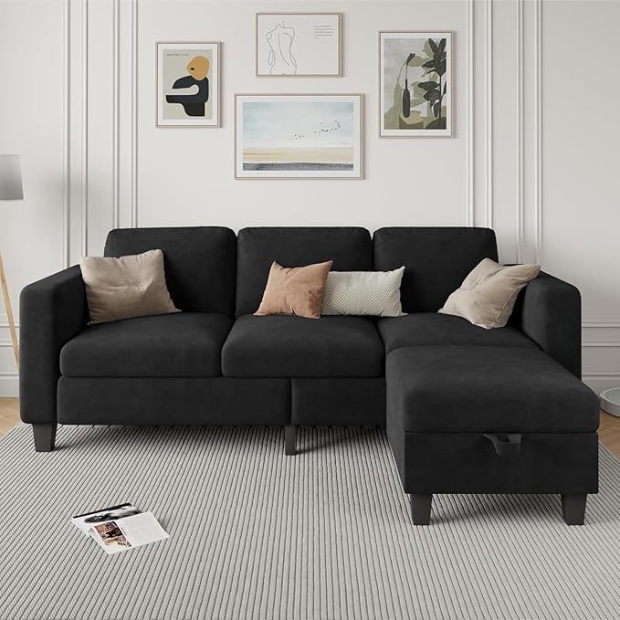 Sectional Sofa and Couches for Living Room - 78''L Shaped Black Velvet Couch-Pet Friendly Modular 3-Seater Convertible Sofas-Washable Covers-Suitable for The Living Room, Apartment or Bedroom