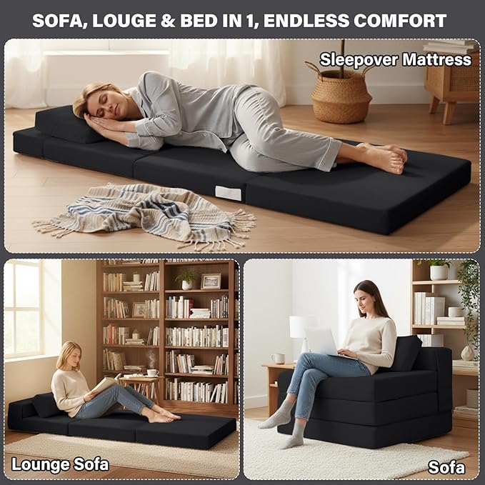 Tiita Folding Sofa Bed Chair, 4-Fold Convertible Sleeper Chair with Lumbar Pillow, Washable Cover & Side Pocket, Floor Couch Bed with Raised Seat, Single Size for Small Spaces, Black