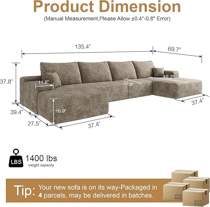 136" Sectional Couches for Living Room Cloud Couch Sofa with L-Shape Upholstered Boneless Couchs Modern Modular Sectional Couch with Chaise (Camel, 136" Right Facing Chaise+3Seaters+Ottoman)
