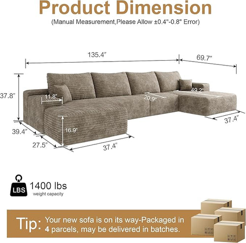 136" Sectional Couches for Living Room Cloud Couch Sofa with L-Shape Upholstered Boneless Couchs Modern Modular Sectional Couch with Chaise (Camel, 136" Right Facing Chaise+3Seaters+Ottoman)