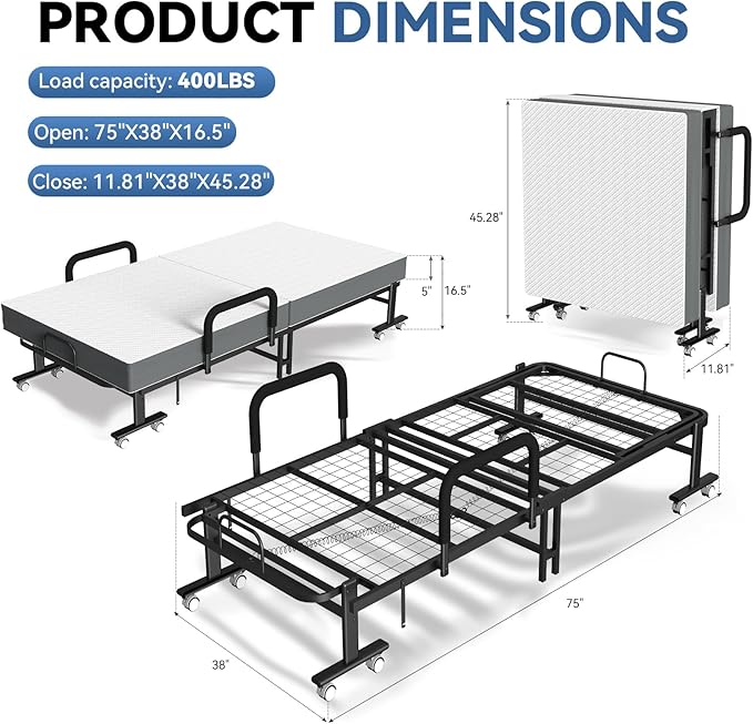 Adjustable Folding Bed with Mattress, 8 Smooth-Rolling Wheels & 2 Armrests, Portable, Foldable Guest Bed for Adults, 75" x 38"