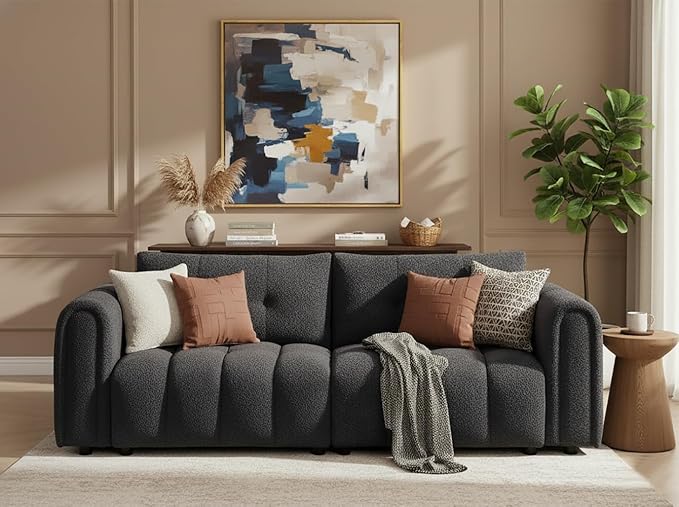 91.5" W Cloud Boucle Sofa for Living Room, Modern Comfy Boucle Couch with Rolled Arms and Soft Pillows, Teddy Oversized Loveseat for Apartment, Studio, Bedroom, Dark Grey