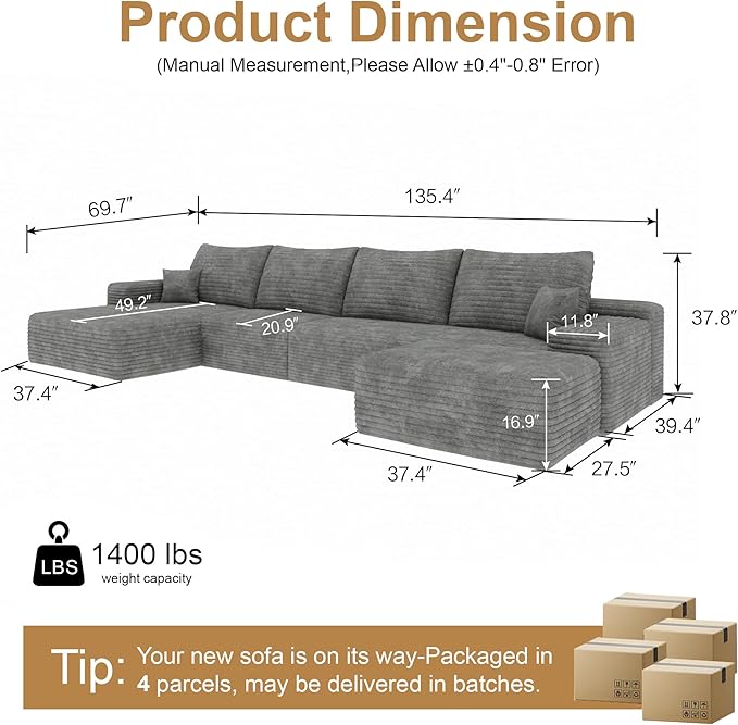 136" Sectional Couches for Living Room Cloud Couch Sofa with L-Shape Upholstered Boneless Couchs Modern Modular Sectional Couch with Chaise (Grey, 136" Left Facing Chaise+3Seaters+Ottoman)