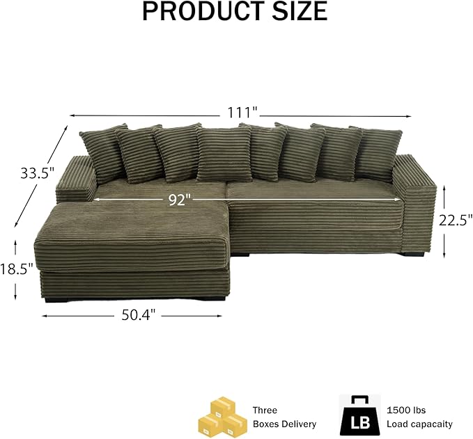 111 Inch Corduroy Sectional Couches for Living Room | L-Shaped Sectional Couch with 8 Pillows | Cloud Couch with Deep Seat | Solid Wood Frame Sofa Green (Left Facing Chaise)
