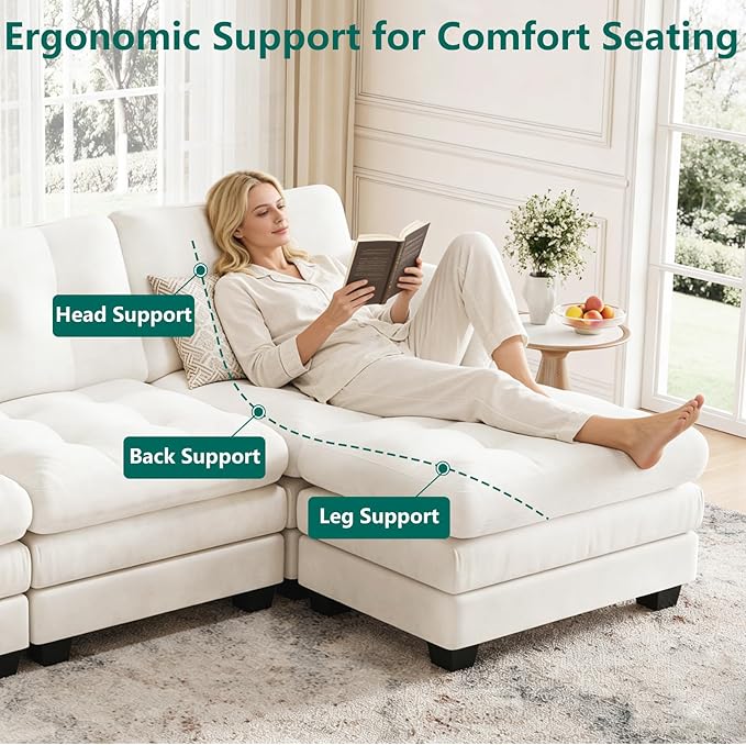 Modular Sectional U Shaped Sofa Couches for Living Room, Cloud Couch with Movable Ottoman, Comfy Chenille Sofa with Pillow for Bedroom and Apartment,Beige-Tufted
