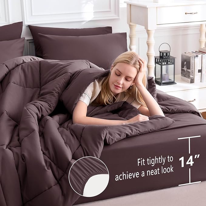 CozyLux Queen Comforter Set Cocoa Powder, 7 Pieces Bed in a Bag, Brown Comforters Queen Size, All Season Bedding Sets with Stitch Quilted Comforter, Flat Sheet, Fitted Sheet, Pillowcases