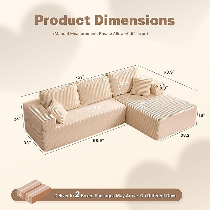 107" Boneless Couch with Deep Seat, Set of Modular Sectional Sofa, Cloud Sectional Couch for Living Room, No Assembly Required, Corduroy, L-Shape Right, White