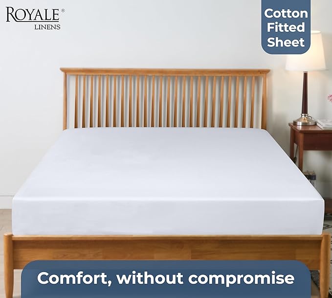 Royale Linens 100% Organic Cotton Fitted Sheet - Percale Weave - Super Soft Deep Pocket Bottom Sheets - White Elastic Sheet Twin XL Size - Twin XL Fitted Sheets Only - (39"x80"+15", White)