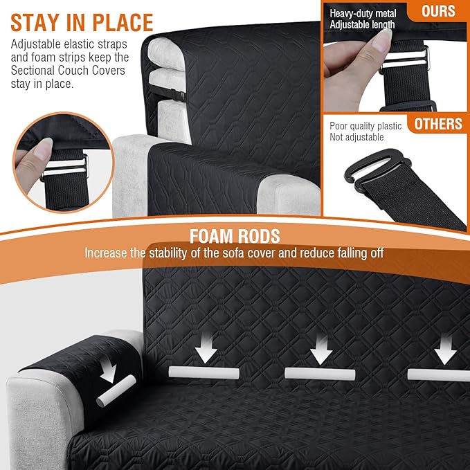 VANSOFY Sectional Couch Covers 100% Waterproof L Shaped Sofa Slipcover 3pcs Reversible Chaise Lounge Cover for Sectional Sofa Furniture Protector Cover for Pets Cat Dog(X-Large, Blcak)