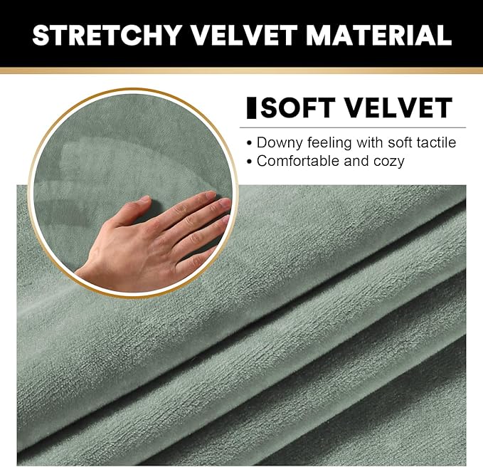 PrinceDeco Velvet Plush Couch Cover Stretch 2 Piece Chair Cover Chair Slipcover Washable Furniture Protector Couch Soft with Elastic Bottom Armchair Cover Width Up to 49 Inch(Small, Seagrass)