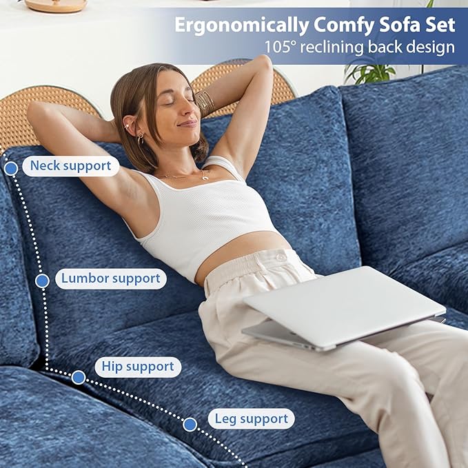 Oversized Modular Sectional Sofa, 111.8 Inch U Shaped Cloud Couch Set, 3-Seat Comfy Chenille Convertible Sofa with 2 Movable Ottoman, DIY Combination Sleeper Couch for Living Room, Blue