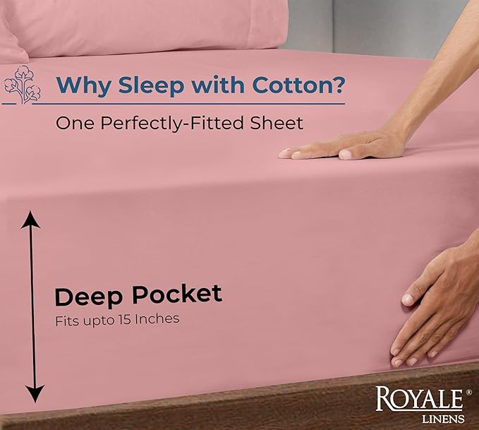 Royale Linens 100% Organic Cotton Fitted Sheet - Percale Weave - Super Soft Deep Pocket Bottom Sheets - White Elastic Sheet King Size - King Fitted Sheets Only - (78"x80"+15", Pink)