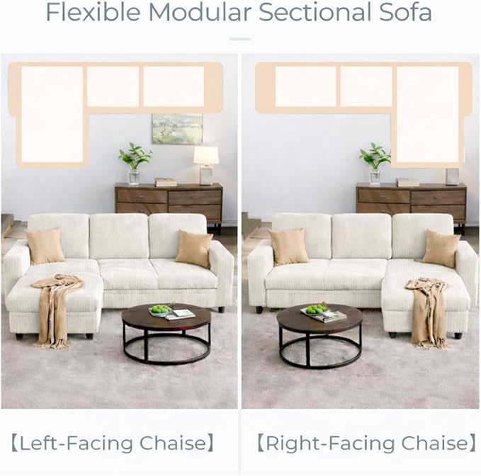 JAMFLY Pull Out Sleeper Sectional Sofa, L Shaped Corduroy Couch with Hidden Storage, Convertible Sofa Bed for Small Living Rooms and Apartments, White