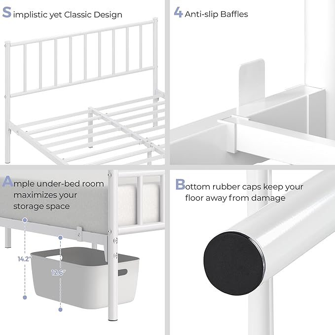 Yaheetech 14 Inch Full Size Bed Frame Metal Platform Bed with Spindle Headboard Footboard/Mattress Foundation/No Box Spring Needed/Underbed Storage Space/Steel Slat Support/Easy Set up, White
