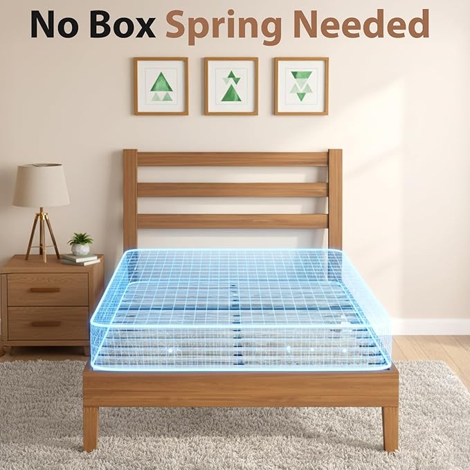 Sweetcrispy Solid Wood Bed Frame - Twin Size Mattress Foundation with Headboard, No Box Spring Needed with 1100LBS Sturdy Wooden Slats Support, Noise Free, Easy Assembly