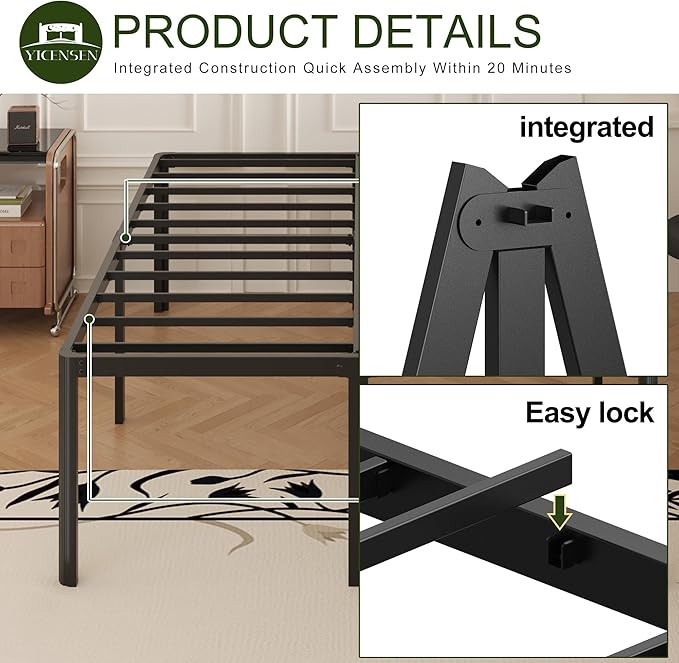 Yicensen 20 Inch Full Bed Frame Heavy Duty Full Size Platform Bed Frame with Rounded Corner Legs No Box Spring Needed, Easy Assembly, Noise Free, Black.