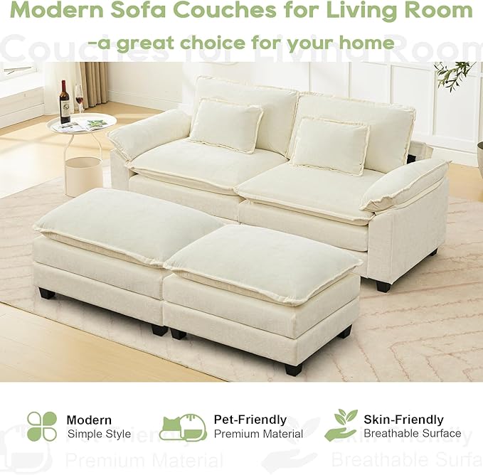 86" Modular Sectional Sofa, Comfy Cloud Couch Sectional Sofa with Ottoman, Chenille Sofa Sleeper Deep Seat Sofa with Throw Pillows for Living Room (Beige White)