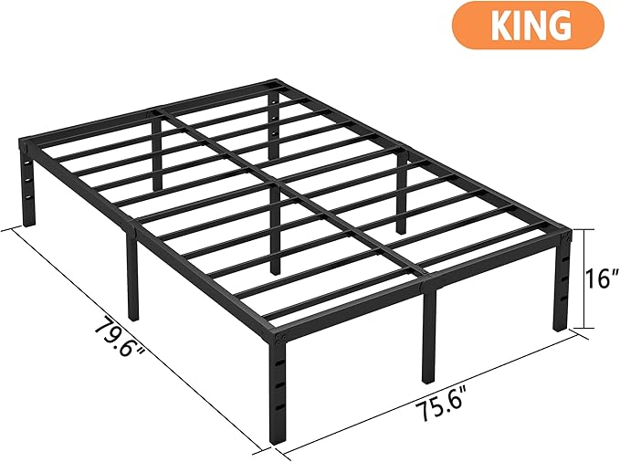 Hafenpo 16 Inch King Bed Frame - Sturdy Metal Platform King Size, No Box Spring Needed, Heavy Duty, Easy Assembly, Strong Bearing Capacity, Under Bed Storage, Black