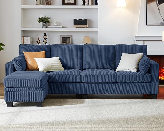 CHIC HOUSE Modular Sectional Sofa with Storage Ottomans, Corduroy Cloud Couch for Small Spaces & Apartments, Reconfigurable L/U Shaped Convertible Corner Sofa (5 Seater Sectional,Blue
