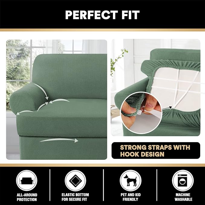PrinceDeco T Cushion Loveseat Slipcover 3 Pieces Sofa Covers for T Cushion Sofa Stretch Slip Covers for 2 Cushion Couch with 2 Individual T Shape Seat Covers Width Up to 76", Loden Frost