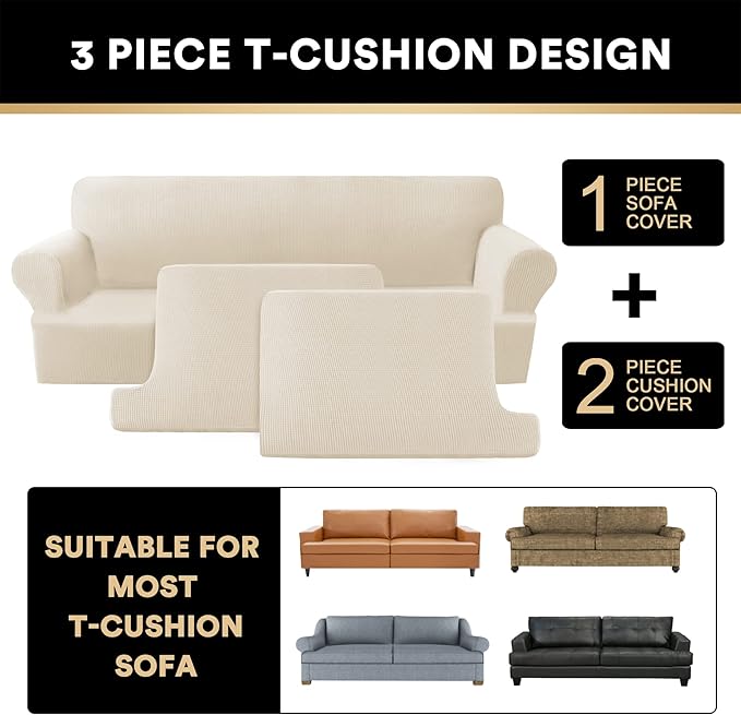 PrinceDeco T Cushion Sofa Slipcover 3 Pieces Sofa Covers for T Cushion Couch Soft Couch Covers Sofa Slip Cover Furniture Covers with 2 Individual T Shape Seat Covers Width Up to 88", Natural
