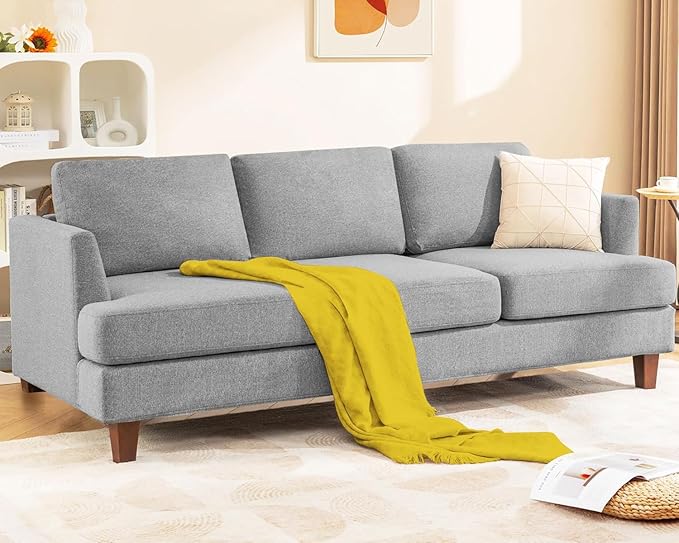 3 Seater Sofa Couch with Deep Seats, 89" Mid Century Modern Upholstered Sofa with Armrests, Comfy Couches for Living Room, Bedroom, Apartment and Office (Grey)