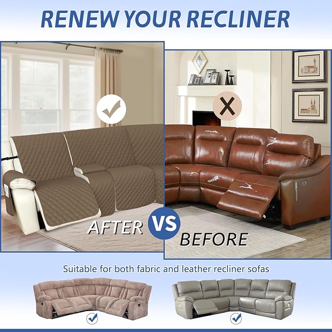 Arfntevss Recliner Sectional Couch Covers 1OO% Waterproof L Shape Sofa Cover for Reclining L Shaped Sectional Slipcover Dog Washable Corner Non Slip Protector (5 Seater with 2 Console, Light Brown)