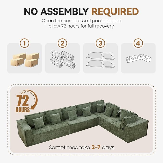 138'' Boneless Chenille L Shaped Couch, Oversized Modular Sectional 7 Seater Sofa, Modern Deep Seat Corner Cloud Compressed Couch, No Assembly Sleeper Sofa with Chaise for Living Room, Green