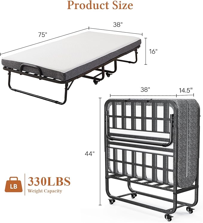 AbyssZen Twin Size Folding Bed with Mattress, 75" x 38" RollawayBed Guest Foldable for Adults, Portable Extra Bed with Memory Foam Mattress, Space-Saving Fold Up for Easy Storage