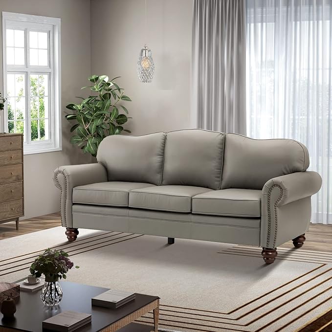 HULALA Home 81'' Upholstered Leather Sofa with Nailhead Trim and Rolled Armrests, Mid-Century Modern Living Room 3-Seater Couch, Grey Couch with Removable Cushion for Bedroom Apartment