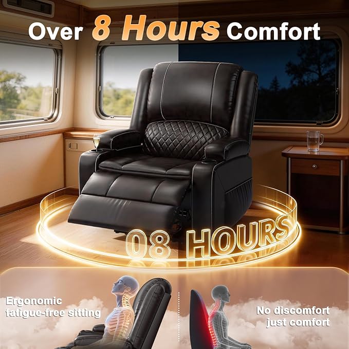 Oversized Manual Recliner Chair, 3X Recliner Home Theater Seating, RV Recliner Single Sofa with Storage, Cup Holder & Side Pocket, Reclining Chair for RV, Home Theater & Living Room (Single, Brown)
