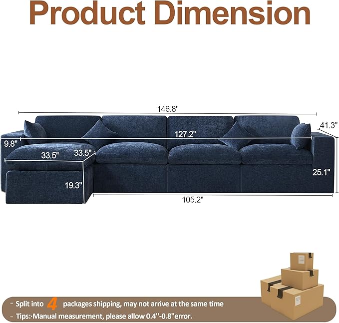 146''Cloud Boneless Sectional Couch, Modular Sectional Sofa Deep Seat with Ottoman, Oversized Upholstered Convertible Comfy 5 Seater Chenille Sofa L Shape Couches for Living Room, Navy