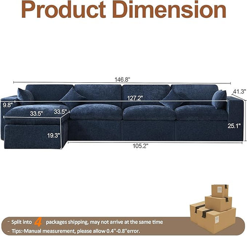 146''Cloud Boneless Sectional Couch, Modular Sectional Sofa Deep Seat with Ottoman, Oversized Upholstered Convertible Comfy 5 Seater Chenille Sofa L Shape Couches for Living Room, Navy