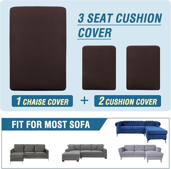 H.VERSAILTEX Sectional Couch Covers 3 Pieces Sofa Seat Cushion Covers L Shape Separate Cushion Couch Chaise Cover for Both Left/Right Sectional Couch (Seat Only: 1 Chaise + 2 Sofa, Chocolate)
