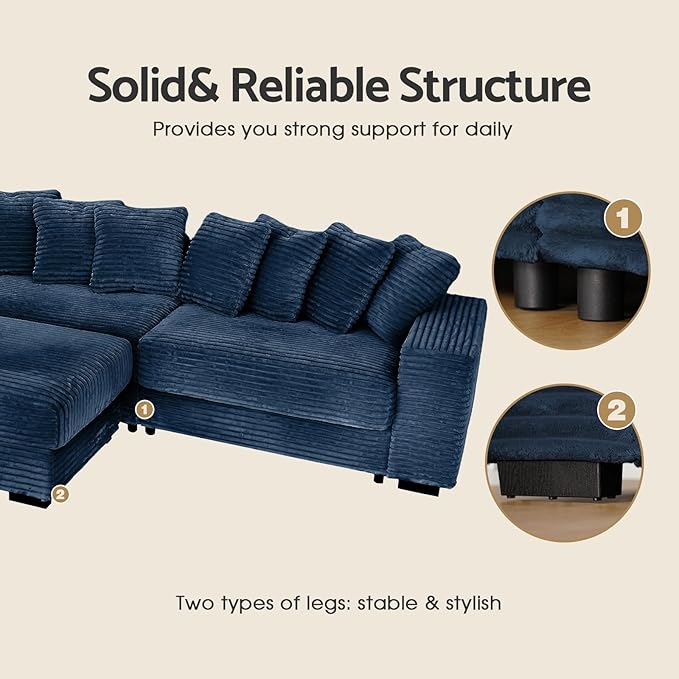 smilesun Luxe Oversized L Shaped Sofa with Chaise，Comfy Faux Fur Plush L Shaped Sectional Couches with 8 Pillows，Soft Fluffy Upholstered Sofa Bed for Living Room Apartment Bedroom (Navy Blue)