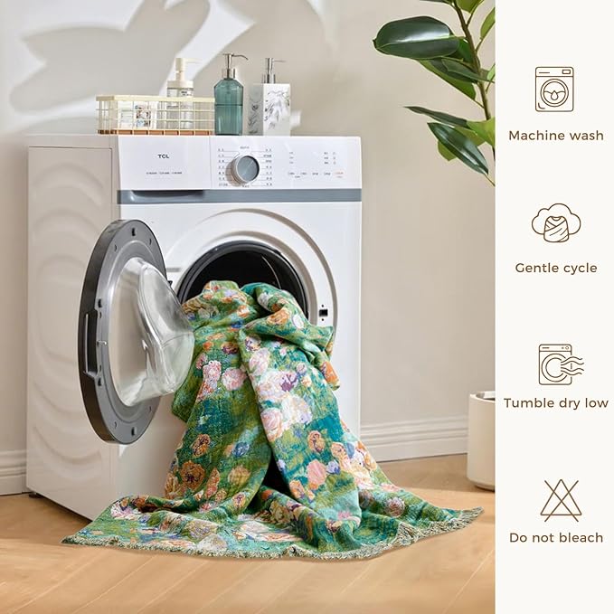 LUTBM Boho Throw Blanket for Bed Cotton Spring Blankets Twin Size for Bedroom Living Room All Season Lightweight Floral Embroidery Reversible Quilt for Couch Sofa Chair 60"x80" Home Decor