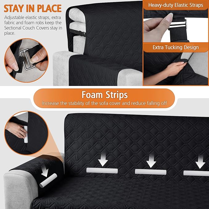VANSOFY Upgraded Sectional Couch Covers 100% Waterproof L Shaped Sofa Slipcover Reversible Chaise Lounge Cover for Sectional Sofa Furniture Protector Cover for Pets Dog Cat(Large, Black)