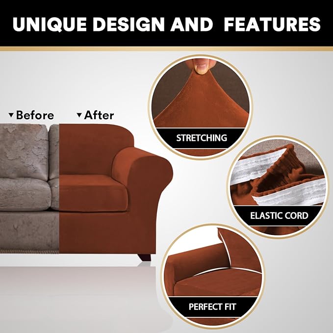 PrinceDeco Velvet Couch Covers for Sofa Soft 4 Pieces Couch Covers for 3 Cushion Couch Sofa Pet Friendly Furniture Protector with Non Slip Elastic Bottom Width Up to 90 Inch (Large, Rust)