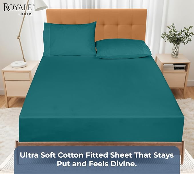 Royale Linens 100% Organic Cotton Fitted Sheet - Percale Weave - Super Soft Deep Pocket Bottom Sheets - Elastic Sheet King Cal Size - California King Fitted Sheets Only - (72"x84"+15", Teal)