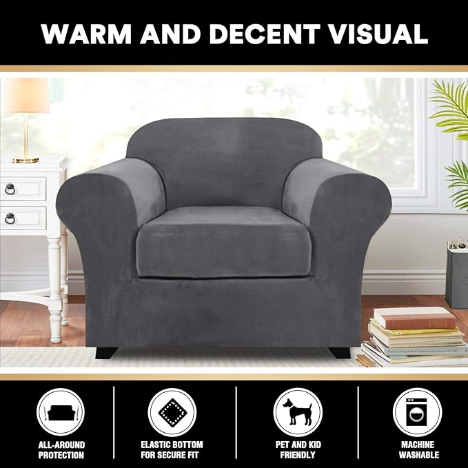 PrinceDeco Velvet Plush Couch Cover Stretch 2 Piece Chair Cover Chair Slipcover Washable Furniture Protector Couch Soft with Elastic Bottom Armchair Cover Width Up to 49 Inch(Small, Grey)