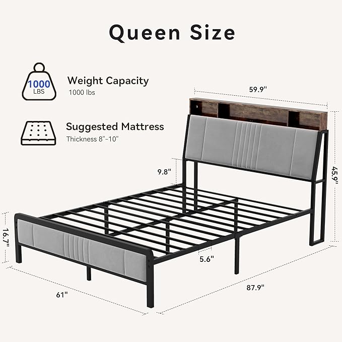 BedsPick Queen Bed Frame with Ergonomic Headboard, Upholstered Metal Platform Bed Queen Size with 2-Tier Storage, Charging Station, Smart LED Lights, Easy Assembly, No Box Spring Needed, Gray