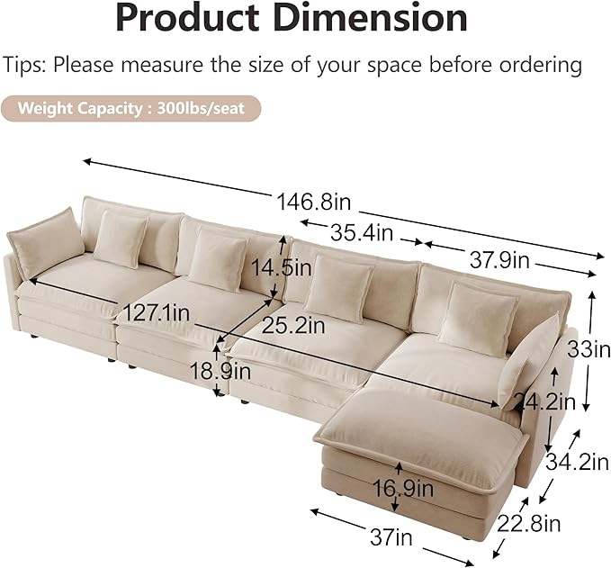 mikibama Modular Sectional Sofa, 146.5 Inch L Shaped Couch Set for Living Room, 4-Seater Comfy Cloud Couches with Movable Ottoman, DIY Combination, Chenille, Light Coffee