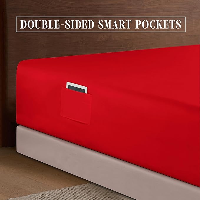 Elegant Comfort 1500 Premium Hotel Quality 18-24 Inches Deep - Extra Deep Pocket Single Fitted Sheet for High Mattress, Luxury and Softest, Smart Pocket - Wrinkle Free, King, Red