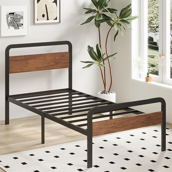 Richwanone Twin Bed Frames with Wood Headboard and Footboard,14 Inch Metal Platform Frame with Steel Slat Support, No Box Spring Needed, Easy Assembly, Black